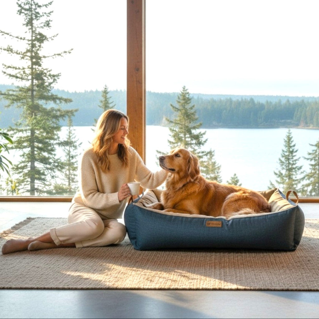 Cama para mascota modelo nido Kuapets café - azul jeans