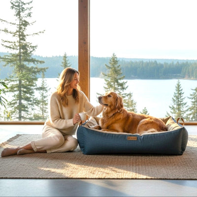 Cama para mascota modelo nido Kuapets café - azul jeans