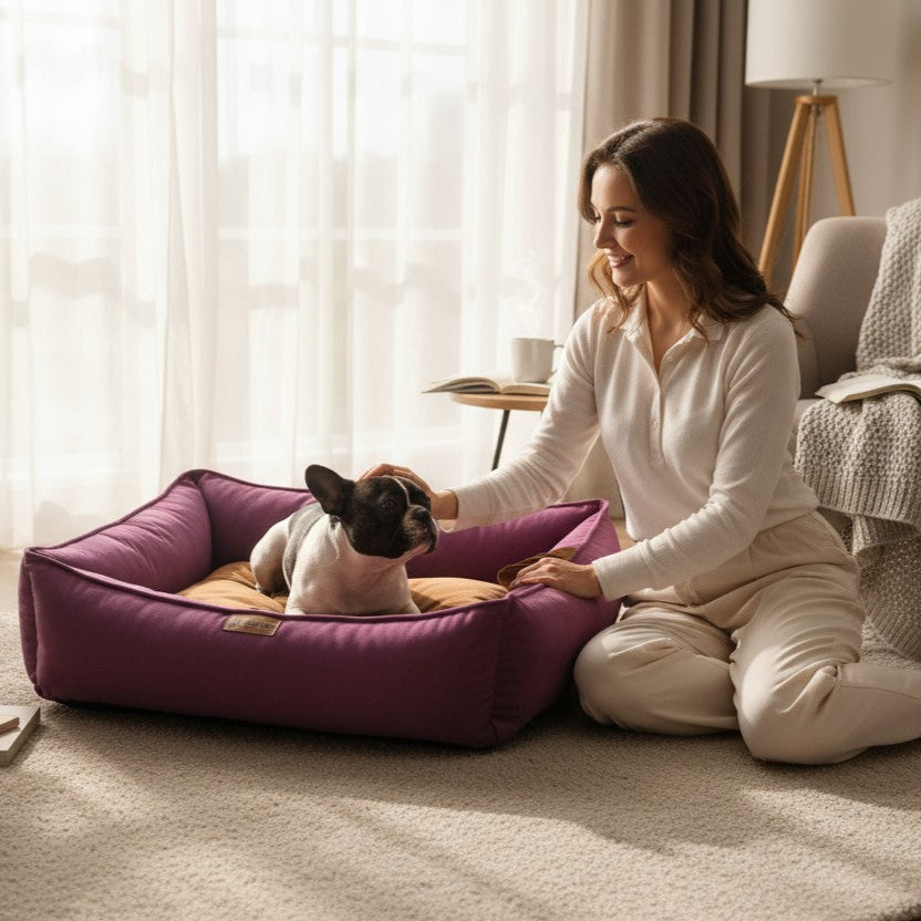 Cama para perro nido Kuapets morado - café